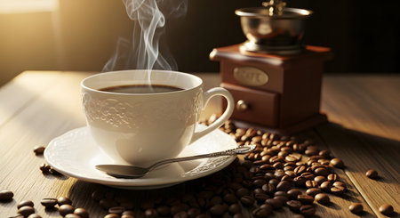 Cup of coffee with coffee grinder and coffee beans on wooden tableの素材