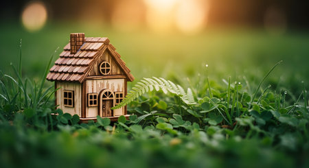 Miniature wooden house on green grass background. Real estate concept.の素材