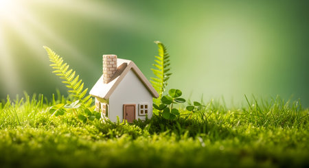 House model on green grass with sunlight background. Real estate concept.の素材