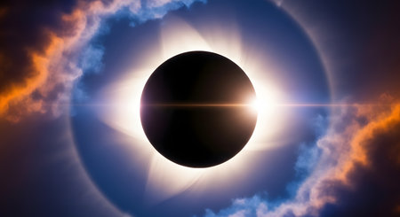 Solar eclipse with sun and clouds, 3d render, horizontal imageの素材