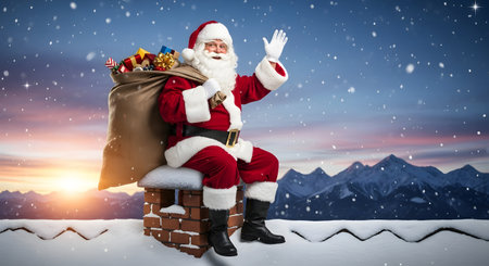 Santa claus sitting on chimney and waving against snowy landscape with fir treesの素材