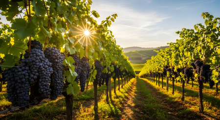Rows of grapes in vineyard at sunset, Tuscany, Italyの素材