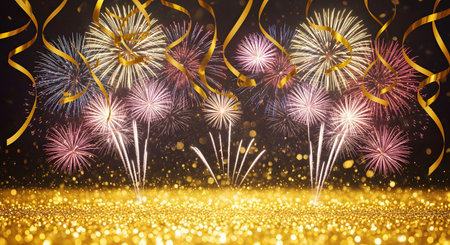 Colorful fireworks with bokeh background and space for text.の素材