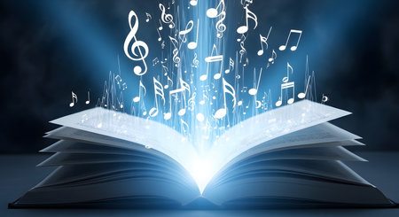 Open book with musical notes on blue background. 3D rendering.の素材