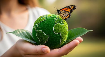 Female hand holding a green earth with a monarch butterfly on it.の素材