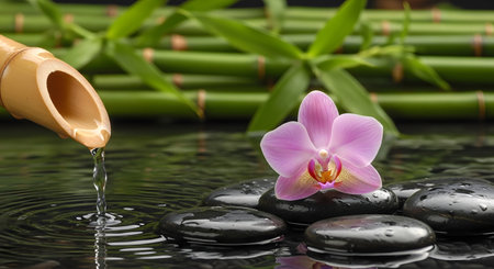 spa still life with orchid flower, bamboo and water dropsの素材