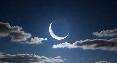 night sky with moon and clouds, 3d render illustration of backgroundの素材