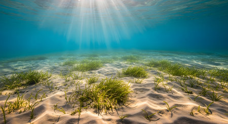 Underwater panorama of sand dunes and blue sky with sun raysの素材