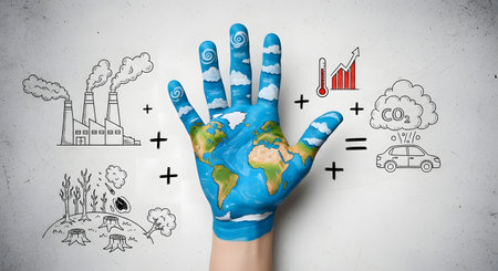 Close up of human hand with painted world map and business sketches on concrete wallの素材