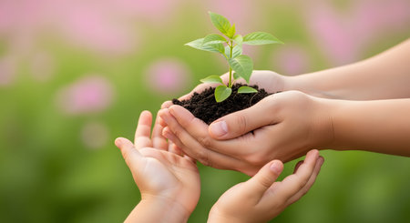 Hands of mother and child holding green plant in soil on blurred backgroundの素材