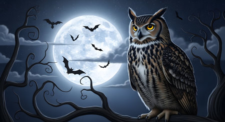 Halloween background with owl and full moon. 3D rendering.の素材
