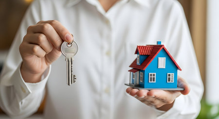 Real estate agent holding house model and keys. Real estate concept.の素材