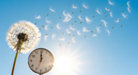 Clock and dandelion on the background of the blue sky. Time conceptの素材