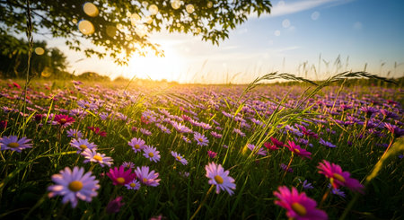 Sunset over a meadow with pink daisies in summerの素材