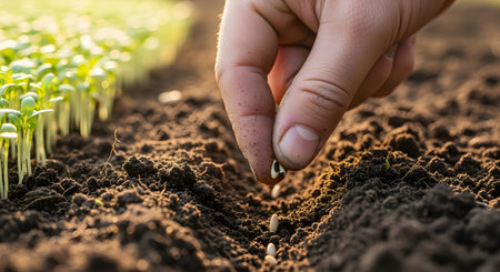 Close up of farmer hand planting green seedling on fertile soil backgroundの素材