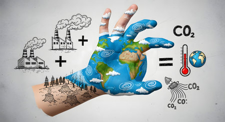 Close up of human hand in white glove holding Earth planet and iconsの素材