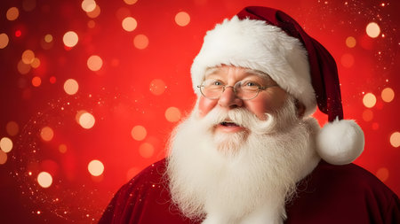 Portrait of happy santa claus looking at camera on red backgroundの素材