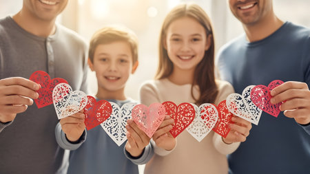 happy family with paper hearts in hands, valentine's dayの素材