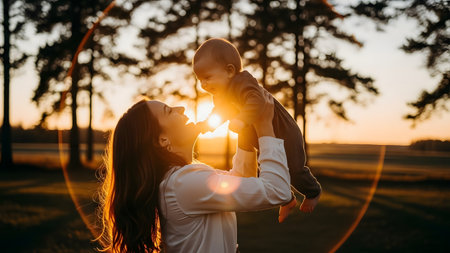 Happy mother and baby in the park at sunset. Family concept.の素材
