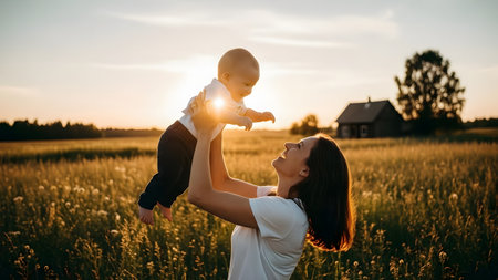 Happy mother and baby on the field at sunset. Family concept.の素材