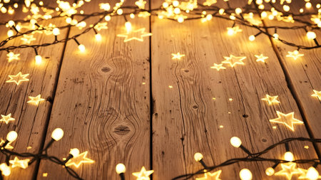 Christmas lights on rustic wooden background with space for your text.の素材