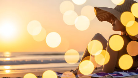 Young woman in hat relaxing on the beach at sunset. Bokeh effectの素材