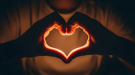 Hands in the shape of a heart on a dark background.の素材