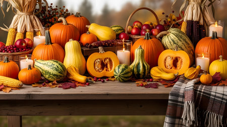 Autumn still life with pumpkins, apples, berries and candlesの素材