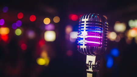 Retro microphone on stage with colorful bokeh lights background.の素材