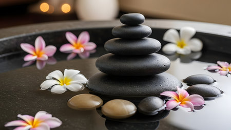 Spa stones with frangipani flowers and candles in waterの素材