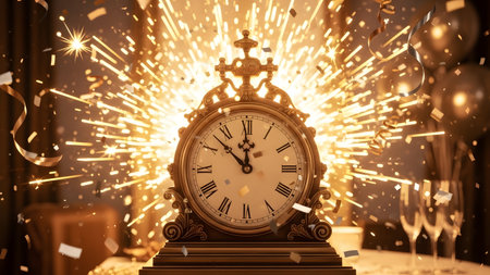 Vintage clock and fireworks in the background. 3d rendering.の素材