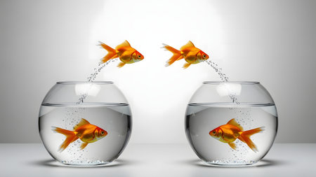 Goldfish jumping out of the water. 3D rendering. Conceptual image.の素材
