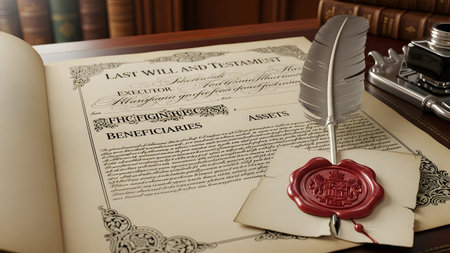 Letter with wax seal and feather on testament and last will. 3d renderingの素材