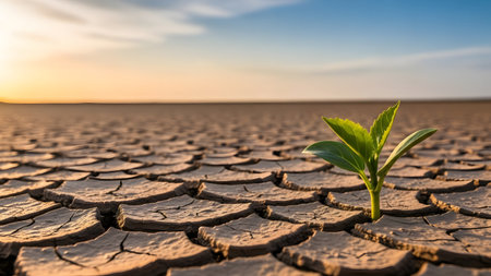 Green seedling growing on dry cracked earth background, global warming conceptの素材