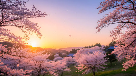 Cherry blossoms in full bloom at sunset in springtime.の素材