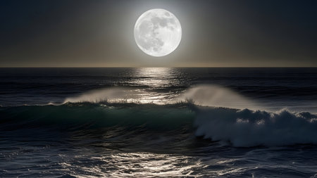 Surfing the ocean at full moon night. 3D Renderingの素材