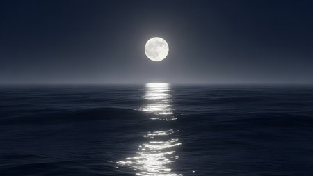 Full moon over the sea at night. Seascape. 3d renderingの素材