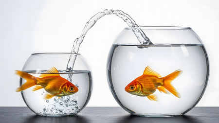 goldfish jumping out of the water in a round glass aquarium.の素材