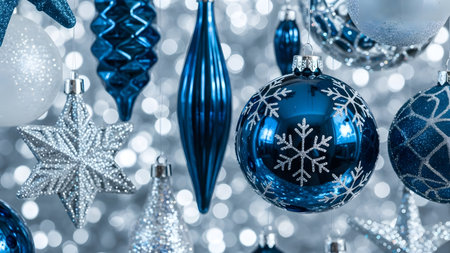 Blue and silver christmas ornaments on silver bokeh backgroundの素材