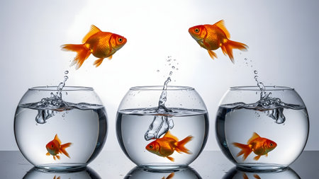 Goldfish jumping out of the water in a bowl with white backgroundの素材