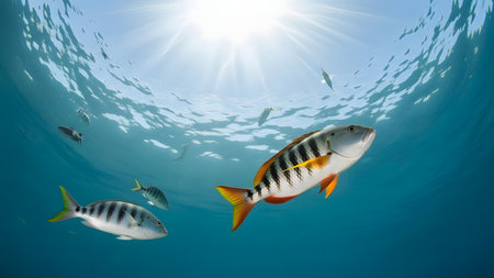 Tropical fish swimming in the blue sea. Underwater scene.の素材