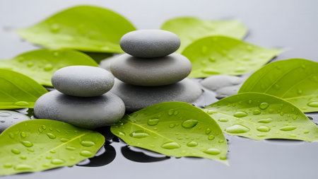 zen basalt stones and green leaves with water drops on black backgroundの素材