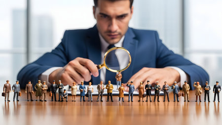 Businessman looking through magnifying glass at a group of miniature peopleの素材