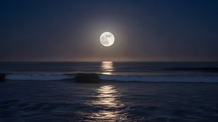 Full moon over the sea at night. Seascape. Long exposure.の素材