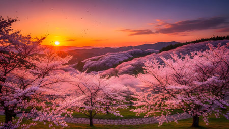 Cherry blossoms in full bloom at Mt. Fuji, Japanの素材