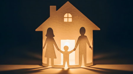 Silhouette of a family in the shape of a house. Concept of a happy family.の素材