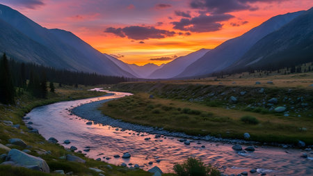 Beautiful sunset over the mountain river. Altai, Siberia, Russiaの素材