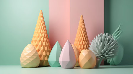3d render, abstract background, cones, primitive geometric shapes. Generative Aiの素材