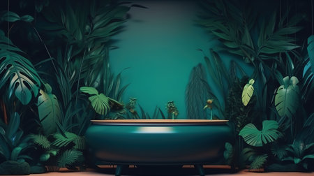 Jungle table background. Interior table for a cosmetic item. Generative Aiの素材