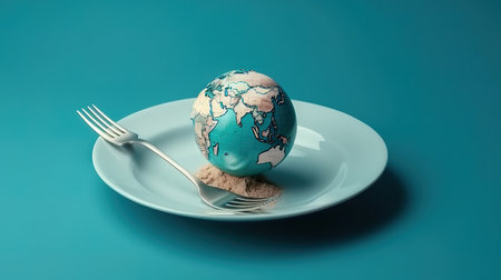 Globe on a plate for food on a blue background. Generative Aiの素材